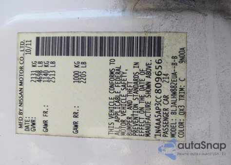 2012 Nissan Maxima 3.5 Sv z USA, uszkodzony, nr VIN 1N4AA5AP3CC809656